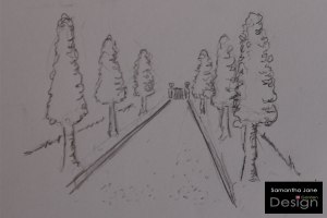 A 3D sketch of a formal tree-lined avenue with a gravel drive
